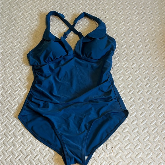 Kona Sol Blue and Cream Swimsuit - Picture 1 of 5